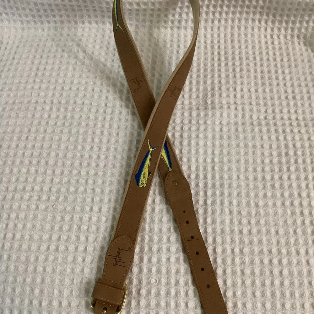 Guy Harvey Leather Embroidered Fish Belt size 44 leather tab 1.25” width